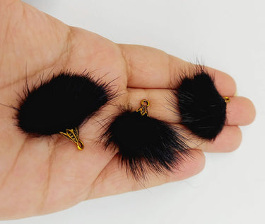 Black Artificial Feather Fur Tassel With Brass Cap in Antique Gold Colour, Tassel Charms x 2